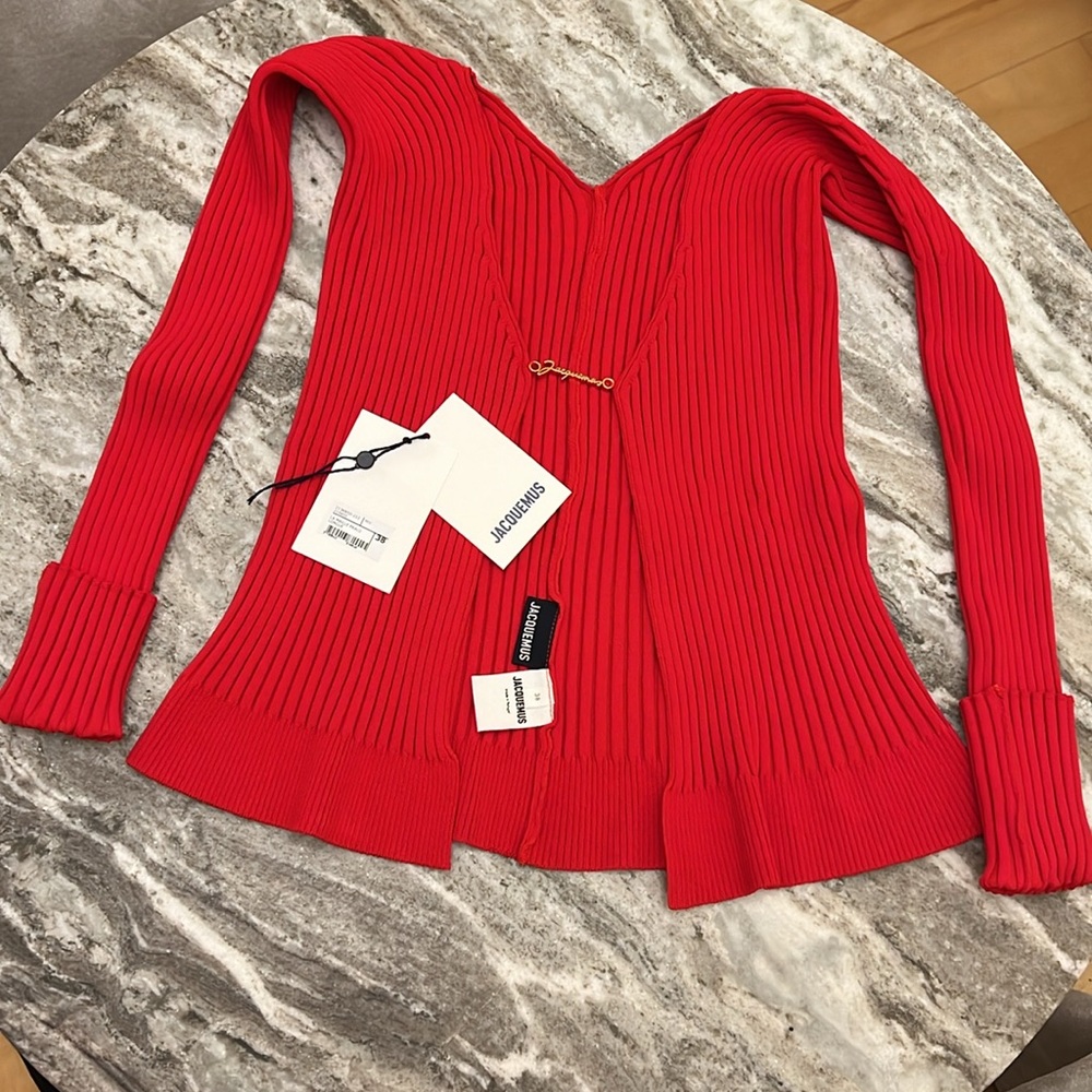 NWOT Jacquemus La Maille Pralu Embellished Ribbed Knit Red Cardigan